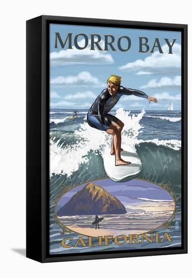 Morro Bay, California - Surfing Scene-Lantern Press-Framed Stretched Canvas