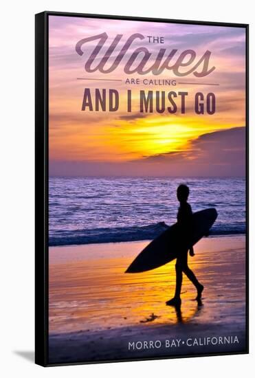 Morro Bay, California - the Waves are Calling - Surfer and Sunset-Lantern Press-Framed Stretched Canvas