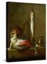 Mortier et pilon-a cat with a piece of salmon, two mackerels, mortar and pestle. 1728 Canvas.-Jean-Baptiste-Simeon Chardin-Stretched Canvas
