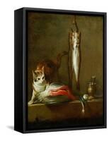 Mortier et pilon-a cat with a piece of salmon, two mackerels, mortar and pestle. 1728 Canvas.-Jean-Baptiste-Simeon Chardin-Framed Stretched Canvas