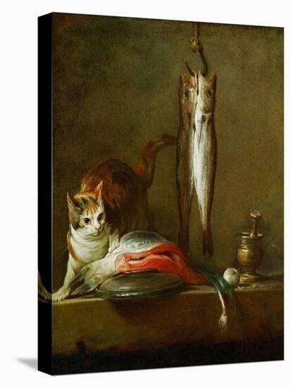 Mortier et pilon-a cat with a piece of salmon, two mackerels, mortar and pestle. 1728 Canvas.-Jean-Baptiste-Simeon Chardin-Stretched Canvas