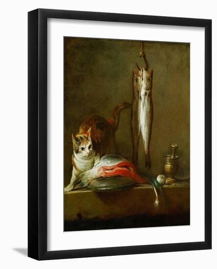 Mortier et pilon-a cat with a piece of salmon, two mackerels, mortar and pestle. 1728 Canvas.-Jean-Baptiste-Simeon Chardin-Framed Giclee Print