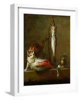 Mortier et pilon-a cat with a piece of salmon, two mackerels, mortar and pestle. 1728 Canvas.-Jean-Baptiste-Simeon Chardin-Framed Giclee Print