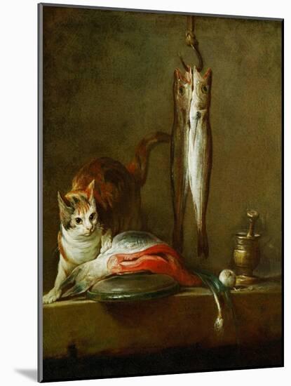 Mortier et pilon-a cat with a piece of salmon, two mackerels, mortar and pestle. 1728 Canvas.-Jean-Baptiste-Simeon Chardin-Mounted Giclee Print