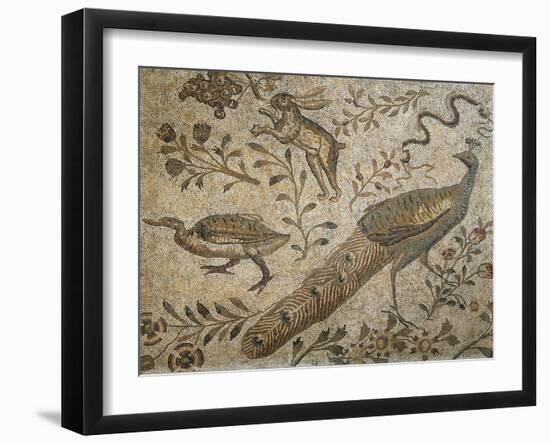 Mosaic Depicting Flower Garden with Peacock, Rabbit and Duck-null-Framed Giclee Print