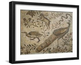 Mosaic Depicting Flower Garden with Peacock, Rabbit and Duck-null-Framed Giclee Print