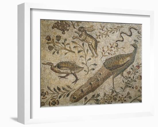 Mosaic Depicting Flower Garden with Peacock, Rabbit and Duck-null-Framed Giclee Print