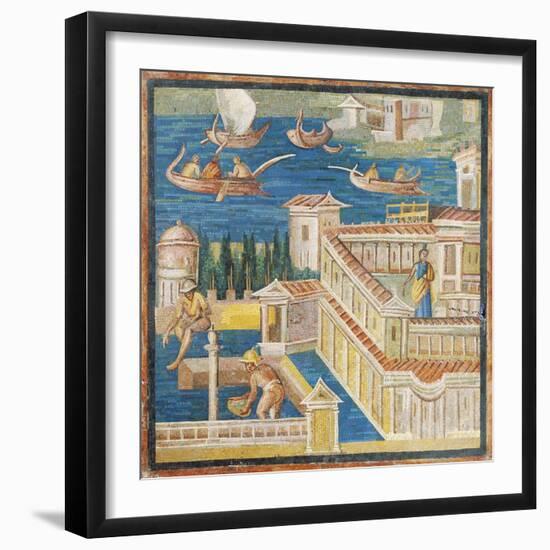 Mosaic Depicting Fluvial Landscape with Villa-null-Framed Giclee Print