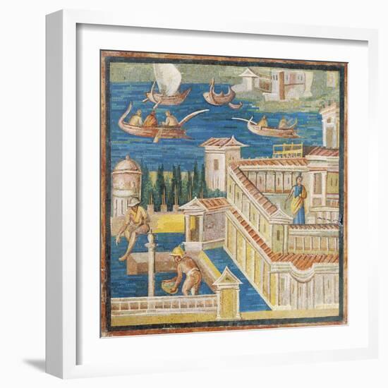 Mosaic Depicting Fluvial Landscape with Villa-null-Framed Giclee Print