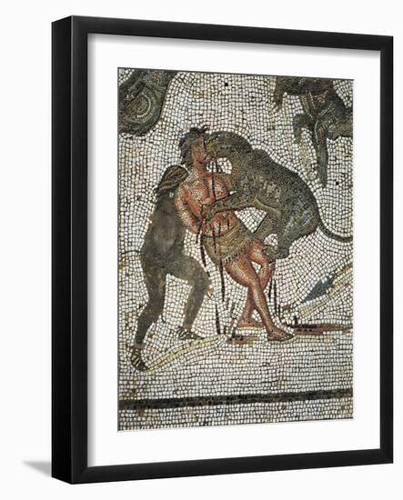 Mosaic Depicting Man Being Mauled by Wild Animals Being Thrown to Wild Beasts as Punishment-null-Framed Giclee Print