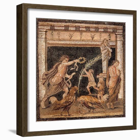 Mosaic Depicting Worship Scene and Cockfight-null-Framed Giclee Print