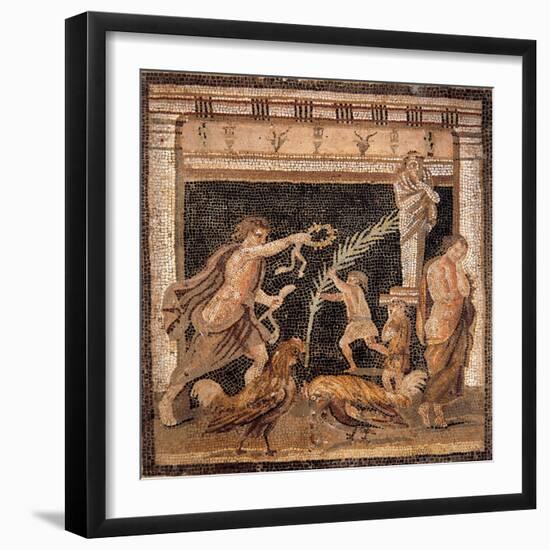 Mosaic Depicting Worship Scene and Cockfight-null-Framed Giclee Print