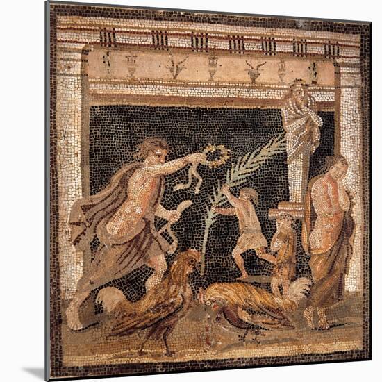 Mosaic Depicting Worship Scene and Cockfight-null-Mounted Giclee Print