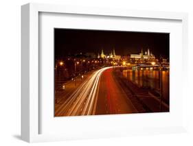 Moscow, Traffic on the Moskva Shore, Kremlin, at Night-Catharina Lux-Framed Photographic Print