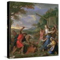 Moses Defending the Daughters of Jethro-Charles Le Brun-Stretched Canvas