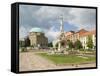 Mosque and Trinity Column in Szechenyi ter Square, Pecs, Hungary-Walter Bibikow-Framed Stretched Canvas