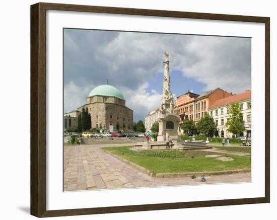 Mosque and Trinity Column in Szechenyi ter Square, Pecs, Hungary-Walter Bibikow-Framed Photographic Print