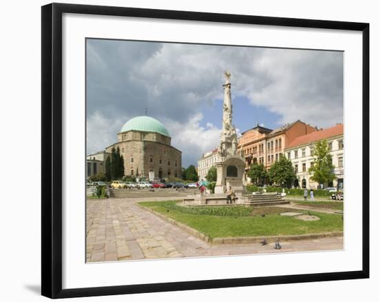 Mosque and Trinity Column in Szechenyi ter Square, Pecs, Hungary-Walter Bibikow-Framed Photographic Print