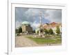 Mosque and Trinity Column in Szechenyi ter Square, Pecs, Hungary-Walter Bibikow-Framed Photographic Print