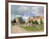 Mosque and Trinity Column in Szechenyi ter Square, Pecs, Hungary-Walter Bibikow-Framed Photographic Print