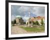 Mosque and Trinity Column in Szechenyi ter Square, Pecs, Hungary-Walter Bibikow-Framed Photographic Print