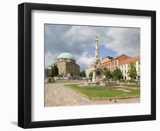 Mosque and Trinity Column in Szechenyi ter Square, Pecs, Hungary-Walter Bibikow-Framed Photographic Print