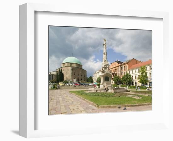 Mosque and Trinity Column in Szechenyi ter Square, Pecs, Hungary-Walter Bibikow-Framed Photographic Print