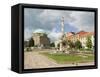 Mosque and Trinity Column in Szechenyi ter Square, Pecs, Hungary-Walter Bibikow-Framed Stretched Canvas