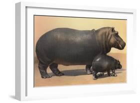 Mother and Baby Hippo-null-Framed Art Print