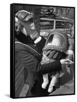 Mother and Baby Wearing Gas Masks During Gas Preparations Test During WWII-Hans Wild-Framed Stretched Canvas