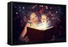 Mother and Child Baby Daughter Reading Magic Book in Dark-evgeny atamanenko-Framed Stretched Canvas