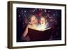 Mother and Child Baby Daughter Reading Magic Book in Dark-evgeny atamanenko-Framed Art Print