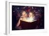 Mother and Child Baby Daughter Reading Magic Book in Dark-evgeny atamanenko-Framed Art Print