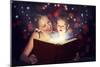 Mother and Child Baby Daughter Reading Magic Book in Dark-evgeny atamanenko-Mounted Art Print