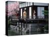 Mother and Daughter at Shobi-Kan Teahouse, Garden at Heian Shrine During Cherry Blossom Festival-Nancy & Steve Ross-Stretched Canvas