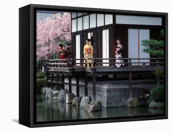 Mother and Daughter at Shobi-Kan Teahouse, Garden at Heian Shrine During Cherry Blossom Festival-Nancy & Steve Ross-Framed Stretched Canvas