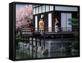 Mother and Daughter at Shobi-Kan Teahouse, Garden at Heian Shrine During Cherry Blossom Festival-Nancy & Steve Ross-Framed Stretched Canvas