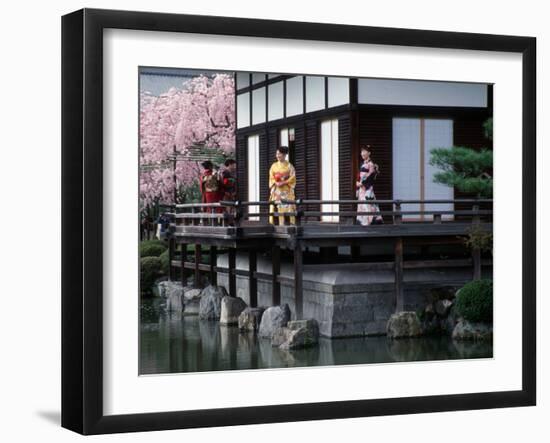 Mother and Daughter at Shobi-Kan Teahouse, Garden at Heian Shrine During Cherry Blossom Festival-Nancy & Steve Ross-Framed Photographic Print