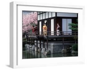 Mother and Daughter at Shobi-Kan Teahouse, Garden at Heian Shrine During Cherry Blossom Festival-Nancy & Steve Ross-Framed Photographic Print