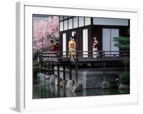 Mother and Daughter at Shobi-Kan Teahouse, Garden at Heian Shrine During Cherry Blossom Festival-Nancy & Steve Ross-Framed Photographic Print