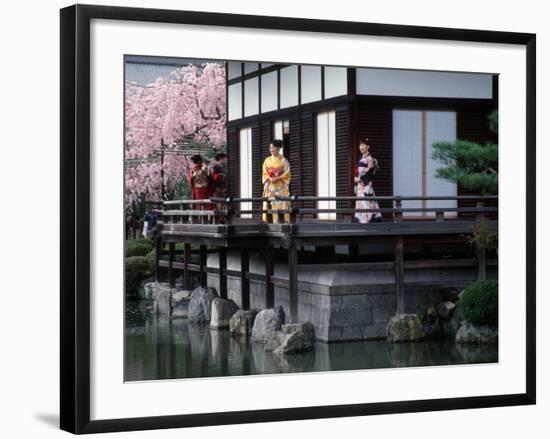 Mother and Daughter at Shobi-Kan Teahouse, Garden at Heian Shrine During Cherry Blossom Festival-Nancy & Steve Ross-Framed Photographic Print