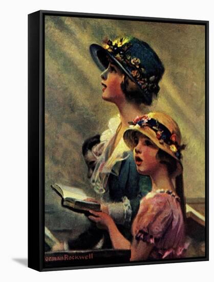 Mother and Daughter Singing in Church-Norman Rockwell-Framed Stretched Canvas
