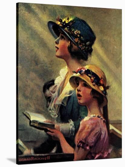 Mother and Daughter Singing in Church-Norman Rockwell-Stretched Canvas