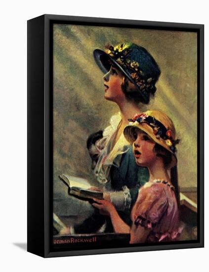 Mother and Daughter Singing in Church-Norman Rockwell-Framed Stretched Canvas