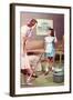 Mother and Daughter with Vacuum, Retro-null-Framed Art Print