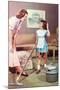 Mother and Daughter with Vacuum, Retro-null-Mounted Art Print