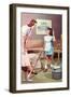 Mother and Daughter with Vacuum, Retro-null-Framed Art Print