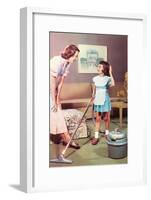 Mother and Daughter with Vacuum, Retro-null-Framed Art Print