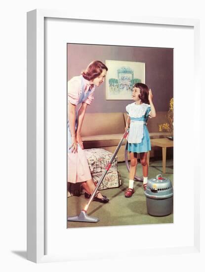 Mother and Daughter with Vacuum, Retro-null-Framed Art Print