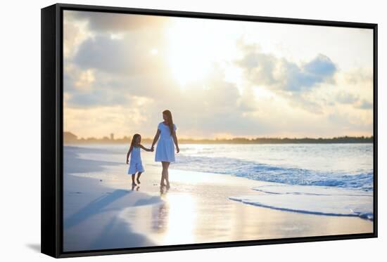 Mother and Her Little Daughter Walking along a Beach on Sunset-BlueOrange Studio-Framed Stretched Canvas